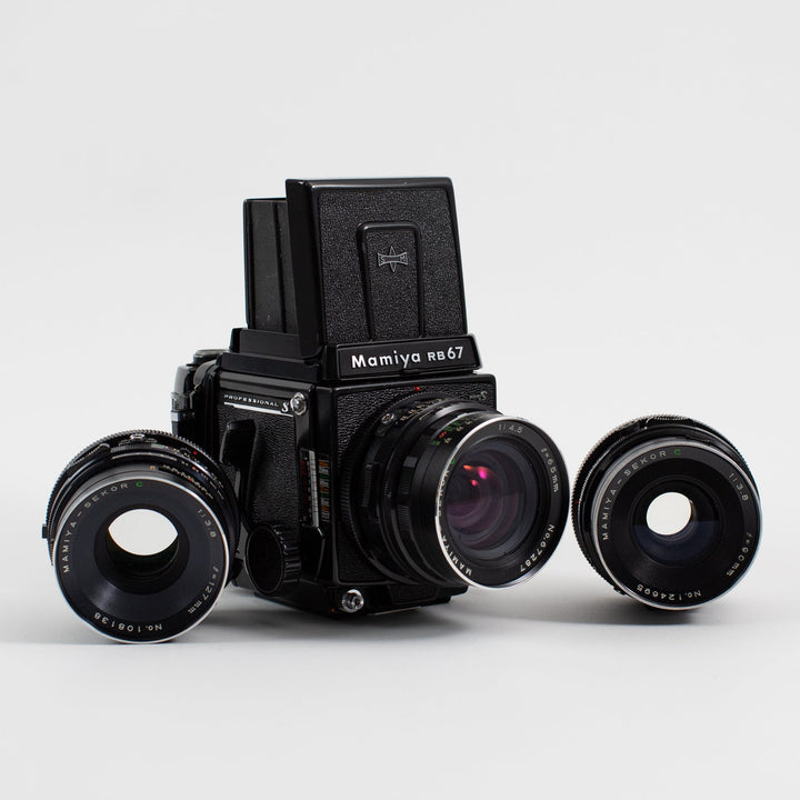 Mamiya RB67 Pro S with three lenses (65mm, 90mm and 127mm)