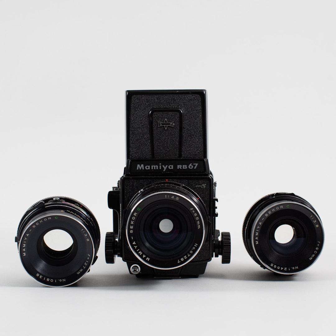 Mamiya RB67 Pro S with three lenses (65mm, 90mm and 127mm)