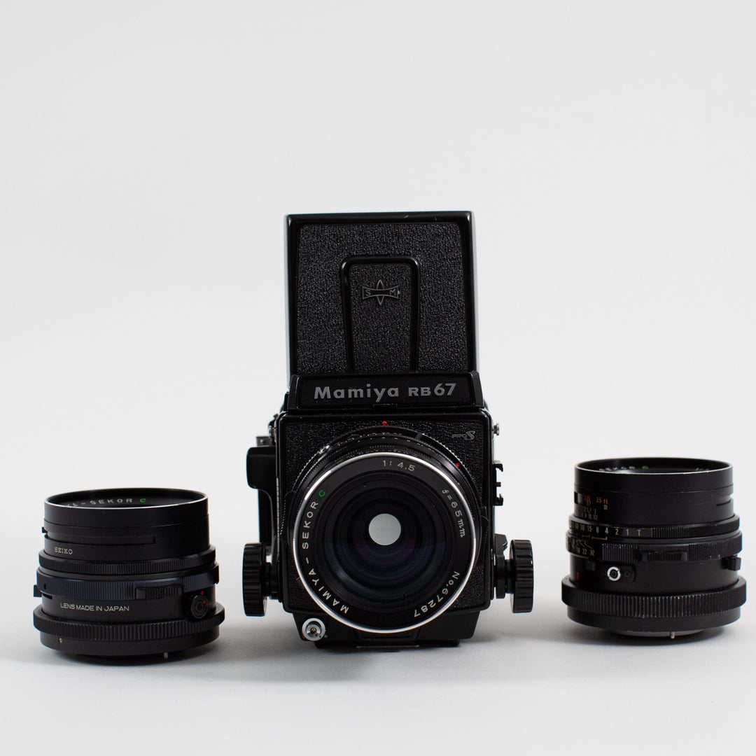 Mamiya RB67 Pro S with three lenses (65mm, 90mm and 127mm)