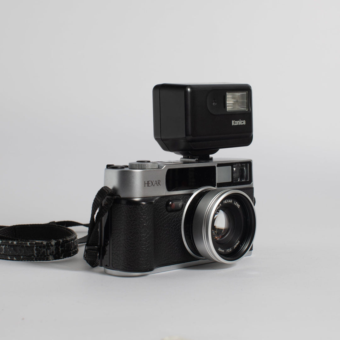 Konica Hexar Silver with 35mm f2.0 Lens and Konica HX-14 Auto Flash