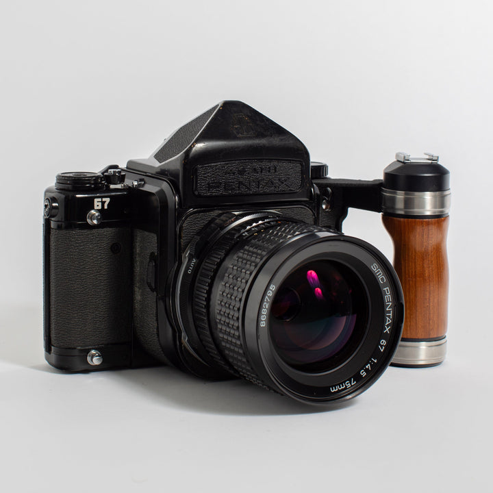 Fresh CLA: Pentax 67 MLU with 75mm f/4.5 lens, 135mm f/4 Macro lens, wooden grip, and Pentax strap